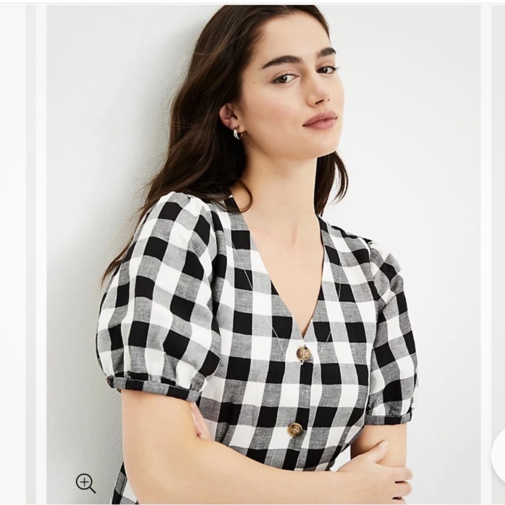 LOFT Black and White Plaid Midi Dress V Neck sz10 - Picture 2 of 11